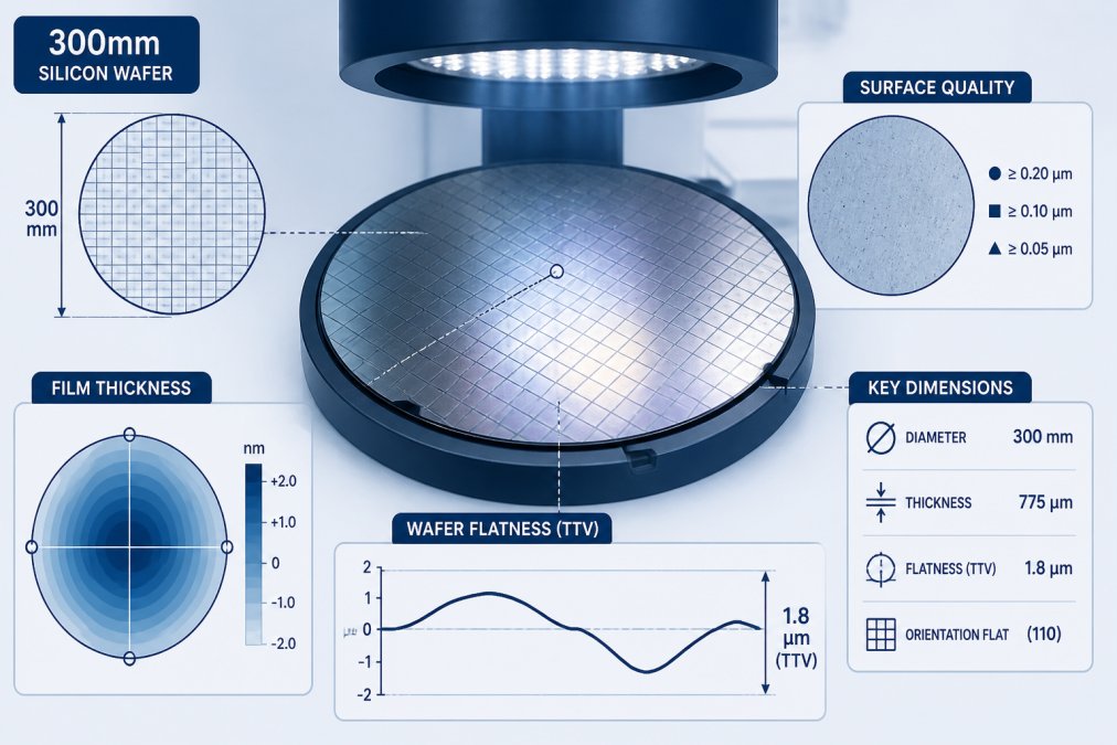 Close-up of a 300mm silicon wafer under inspection lighting showing surface quality and flatness characteristics in a cleanroom environment with soft overhead illumination