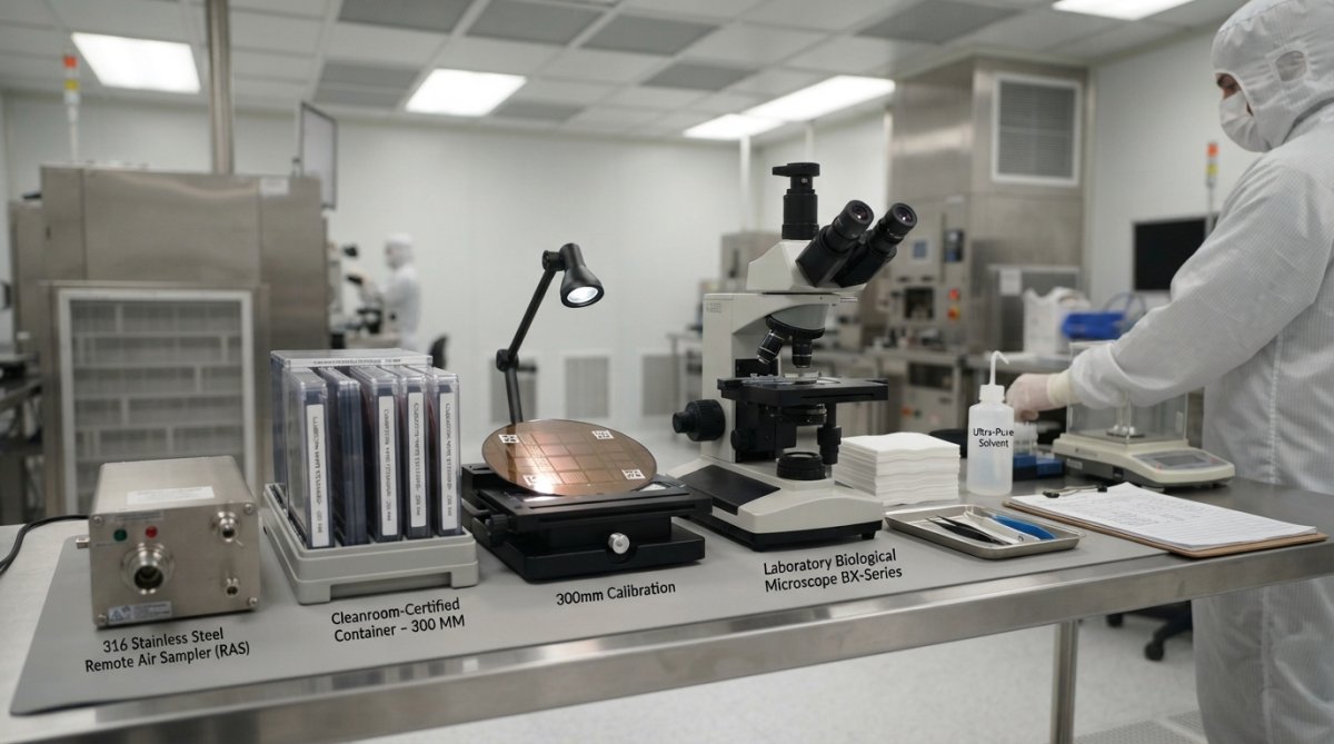 Cleanroom technician in full protective gear examining a calibrated wafer under bright inspection lighting in a semiconductor metrology laboratory with controlled airflow