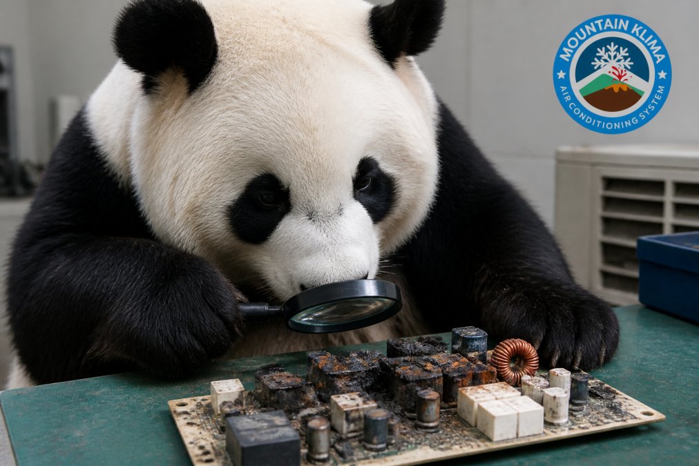 Un oso panda examinando atentamente una placa de circuito electrónico dañada con quemaduras oscuras visibles, componentes descoloridos en tonos marrones y grises, y detalles de corrosión clara bajo luz natural clara