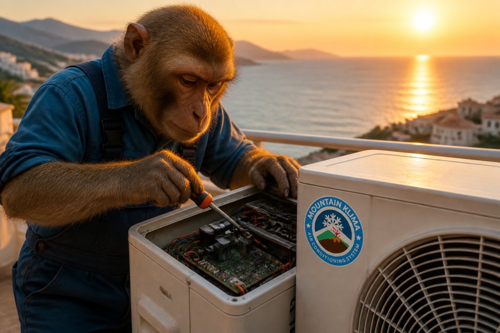 Un mono inteligente inspeccionando cuidadosamente un equipo de aire acondicionado exterior en un entorno costero con luz del atardecer, examinando componentes con precisión mientras el viento marino sopla alrededor
