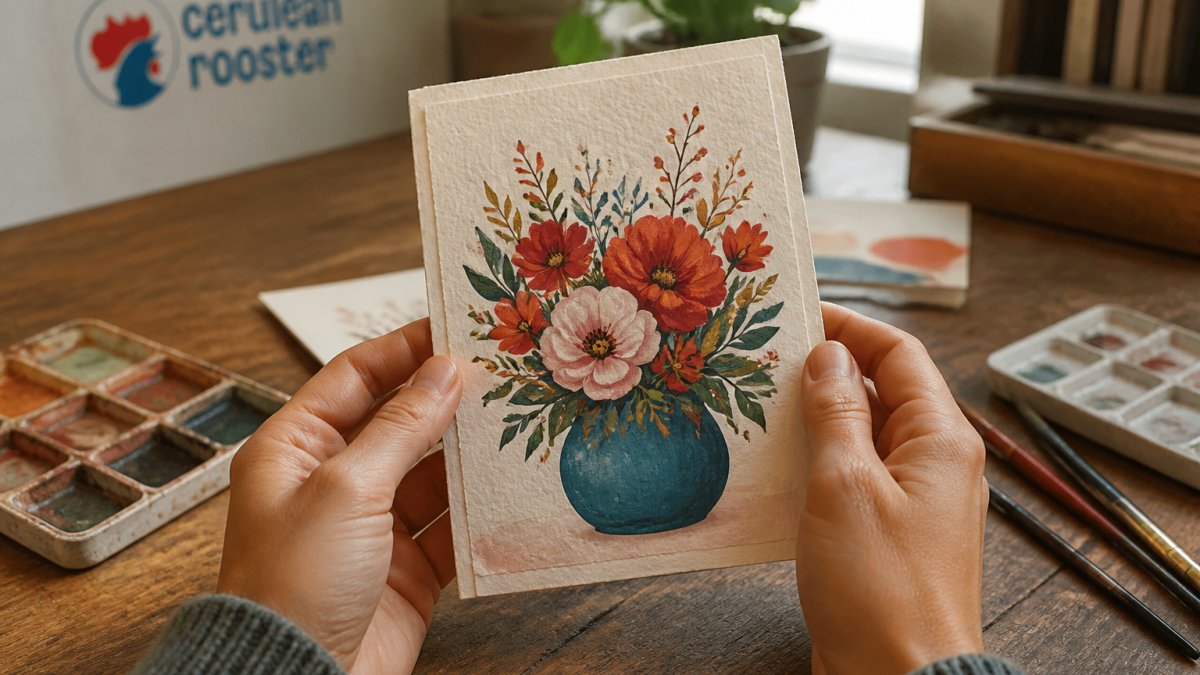 Hands holding a beautifully designed handmade greeting card with warm, expressive artwork, showing the card's texture and artistic detail up close