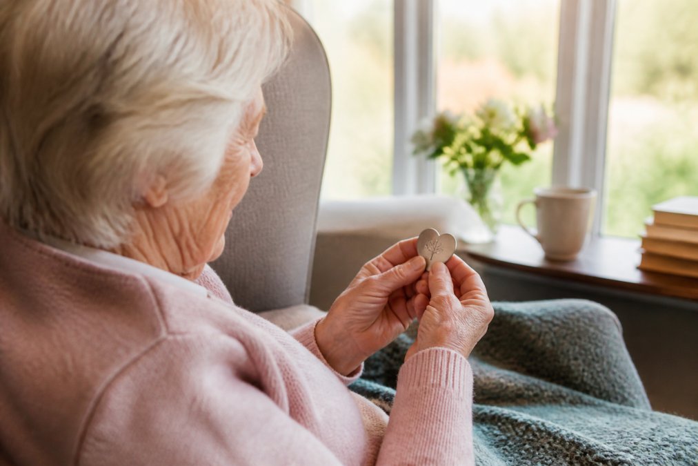 An elderly woman's hands gently holding a small, personalised keepsake token while she sits in a comfortable armchair by a window with soft natural light