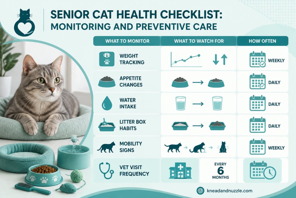 Checklist matrix showing key health monitoring areas: weight tracking, appetite changes, water intake, litter box habits, mobility signs, and recommended biannual vet visit frequency
