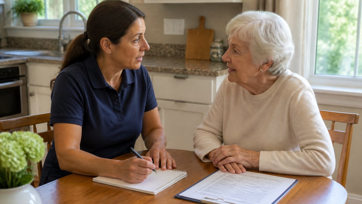 Professional house cleaner discussing service details with older adult homeowner at kitchen table, with notepad and service checklist visible, natural morning light through window