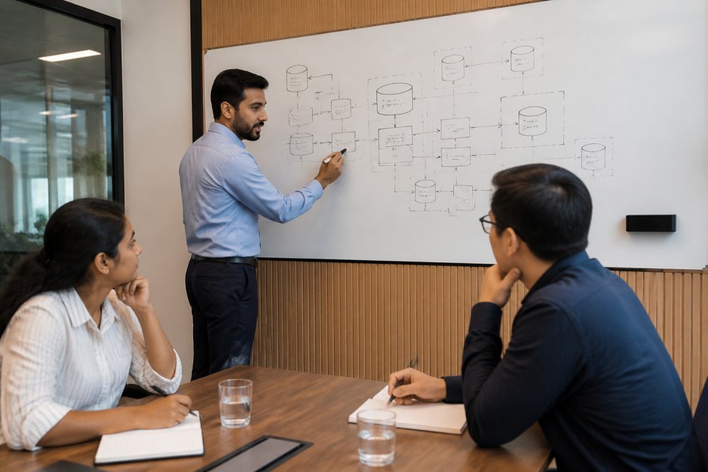 Senior data scientist sketching a system architecture on a whiteboard during a technical data scientist interview
