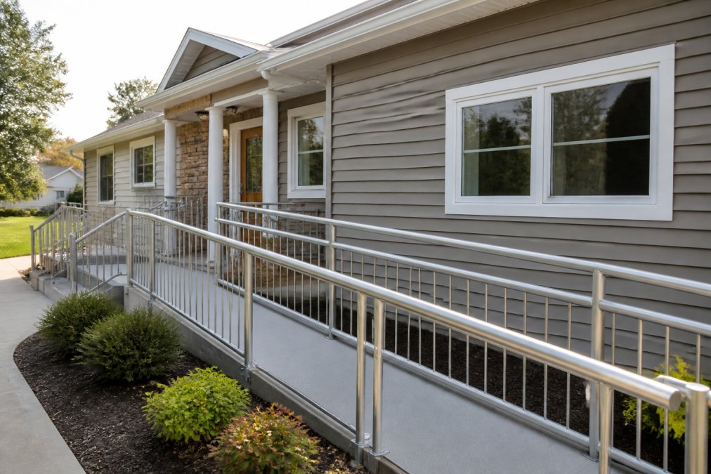 Close-up of new exterior home improvements visible on a residential property, showing accessible ramp installation, fresh vinyl siding, and replacement windows gleaming in afternoon sunlight