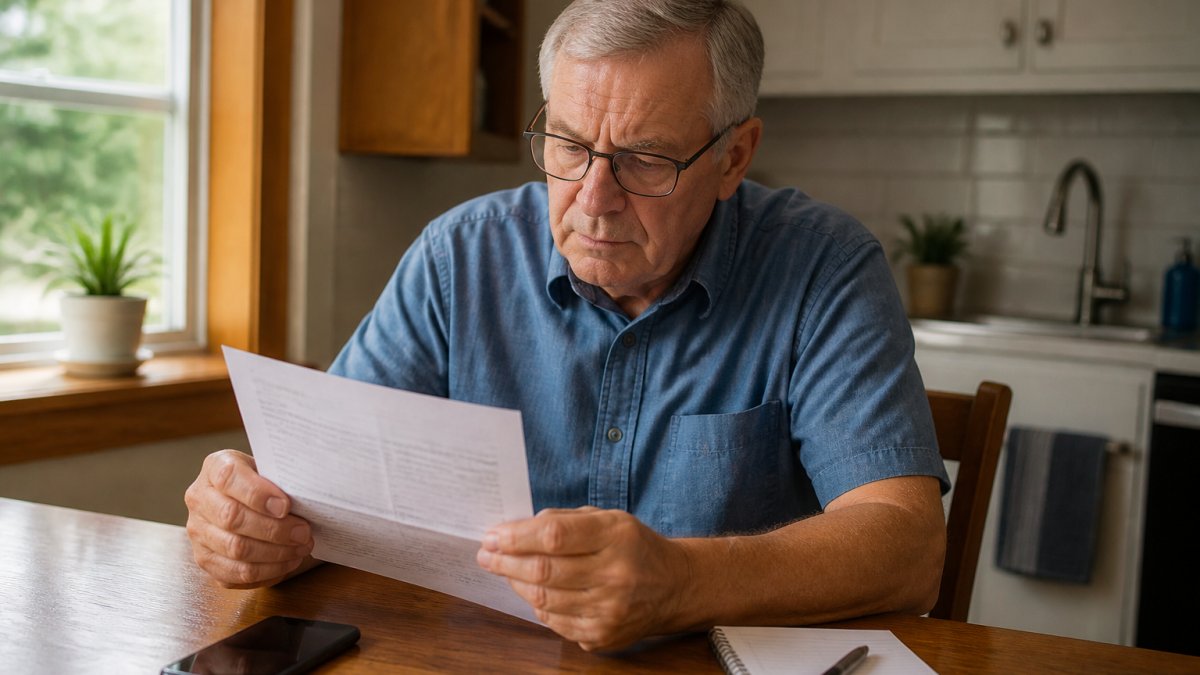 An older adult homeowner reviewing a plumbing service invoice at a kitchen table with a phone and notepad nearby, warm natural light through a window