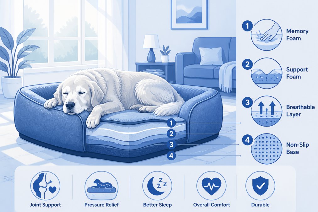 Senior dog resting peacefully on a supportive orthopedic bed in a bright living room with natural sunlight streaming through windows, showing visible relaxation and comfort