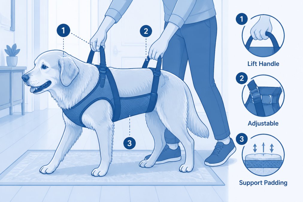 Senior dog wearing a supportive help harness being gently assisted by owner's hands during a slow walk in a home hallway, showing the harness providing lift and stability