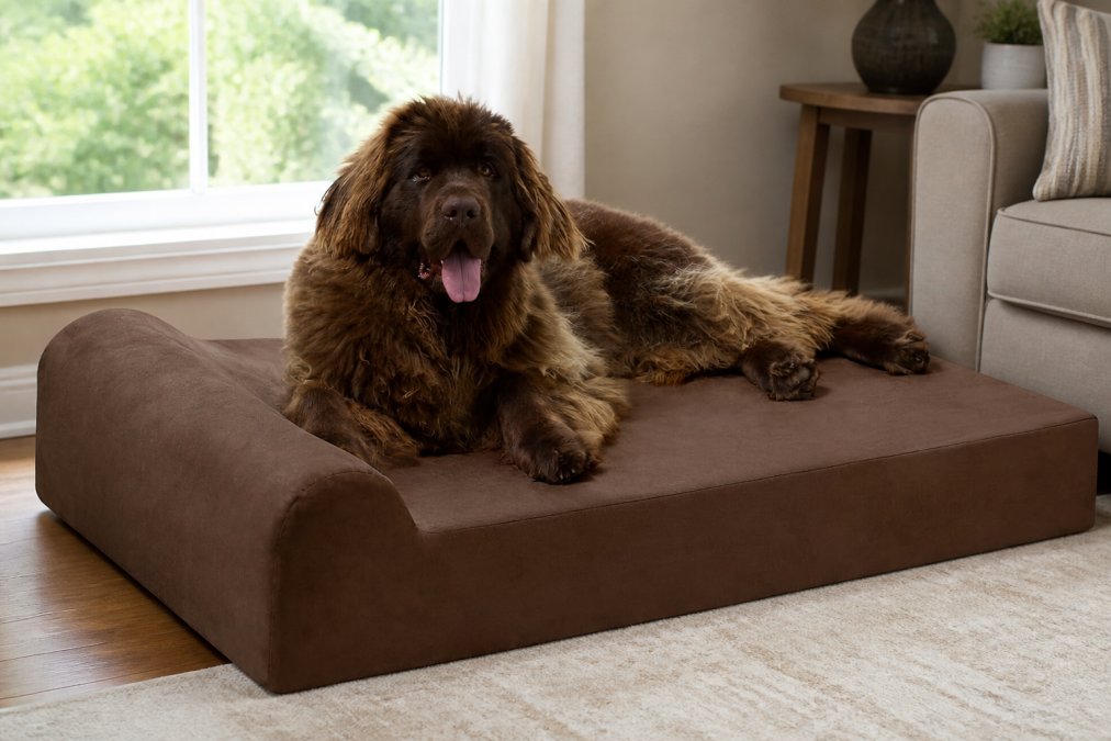 Senior dog resting peacefully on a thick orthopedic memory foam bed with a supportive headrest pillow, the dog's body fully supported and relaxed in a comfortable position, natural afternoon light streaming through a nearby window