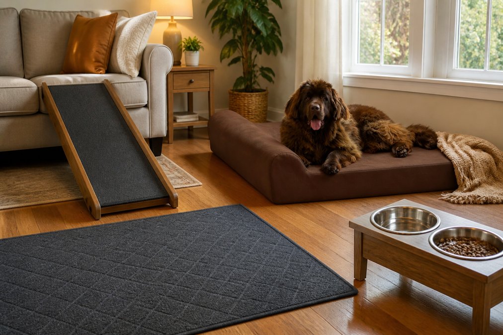 A senior dog's living space showing multiple accessibility modifications including a non-slip mat on hardwood flooring, a ramp leading to a couch, a raised food and water bowl station, and a comfortable orthopedic bed in a warm corner with soft blankets, natural morning light