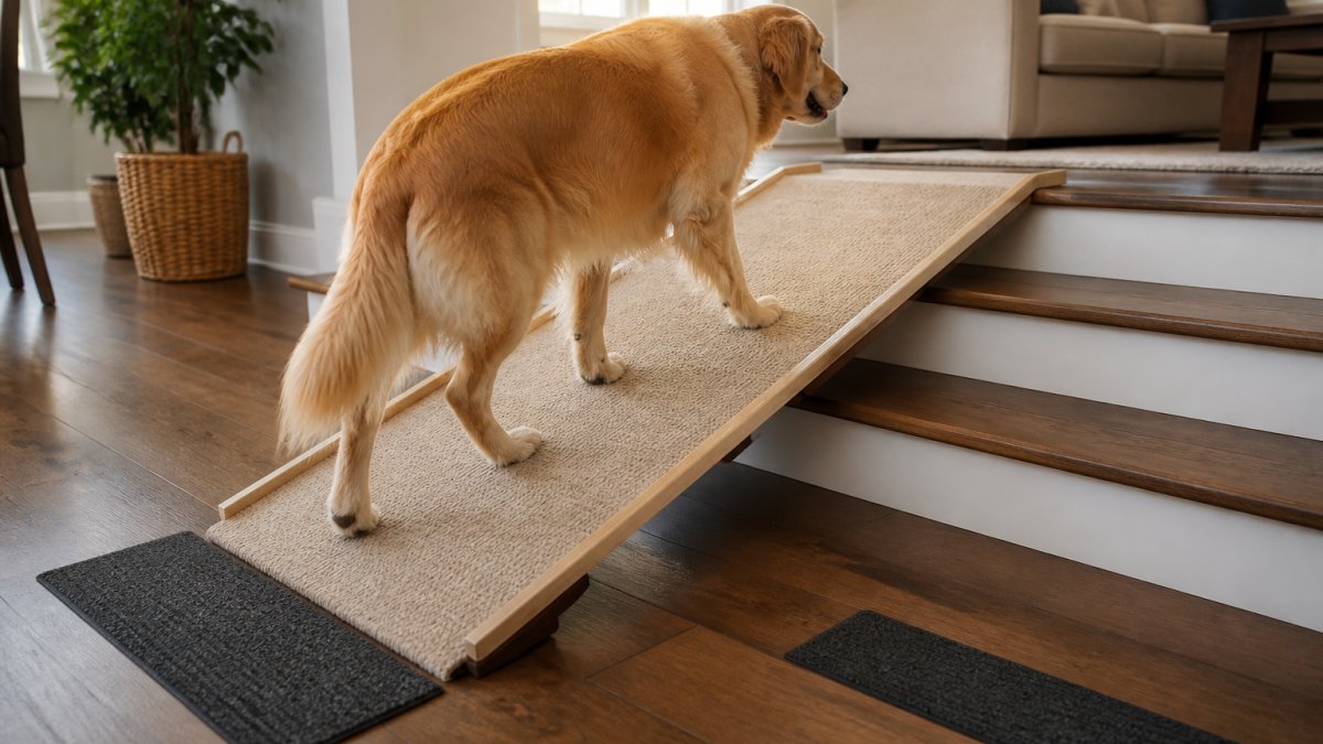 A senior golden retriever walking up a carpeted ramp placed over a short set of stairs inside a bright living room, with non-slip mats visible on the hardwood floor