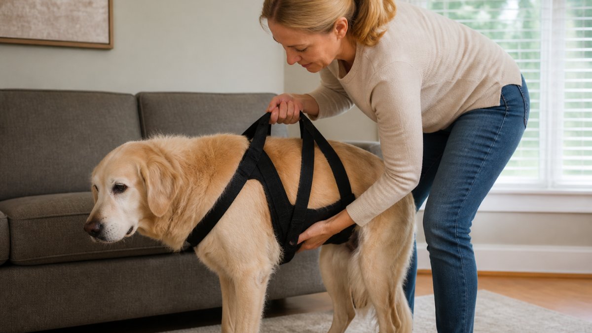 Step-by-step guide showing correct posture and hand placement for lifting a senior dog with a mobility harness.