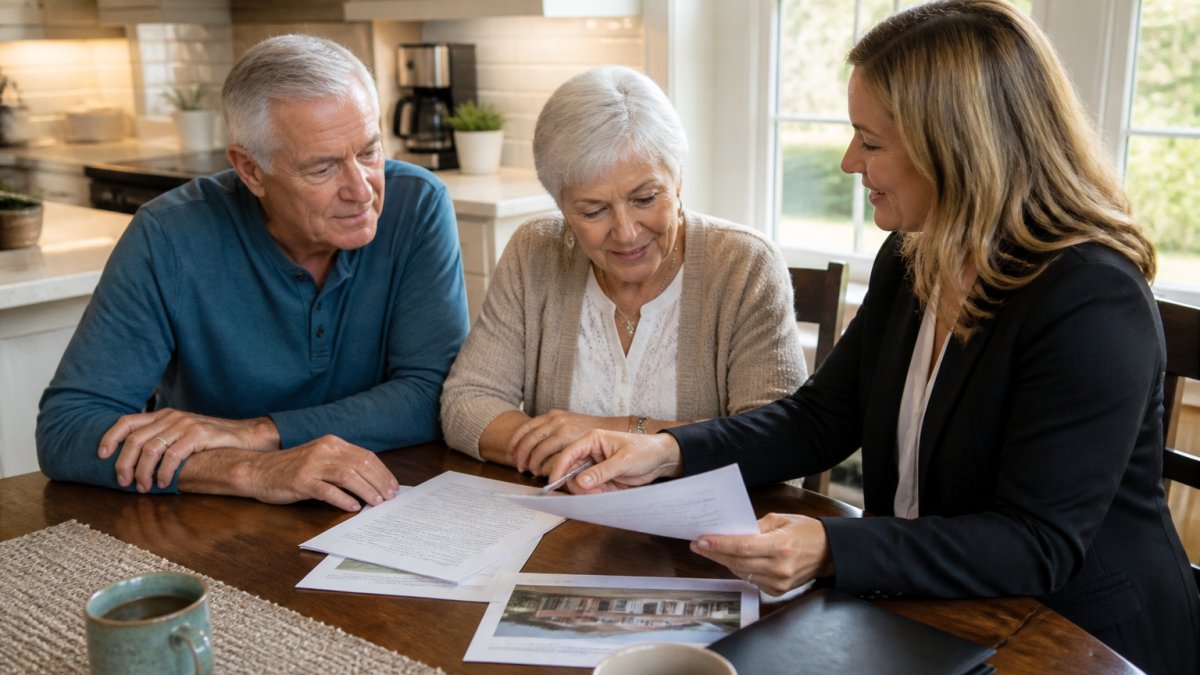 Senior couple sitting at kitchen table with real estate agent, reviewing home sale documents and neighborhood information with natural morning light streaming through windows