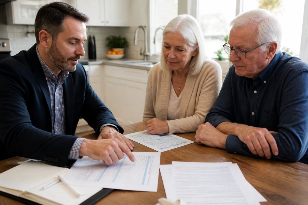 Independent broker reviewing Medicare documents with a couple to simplify senior healthcare planning