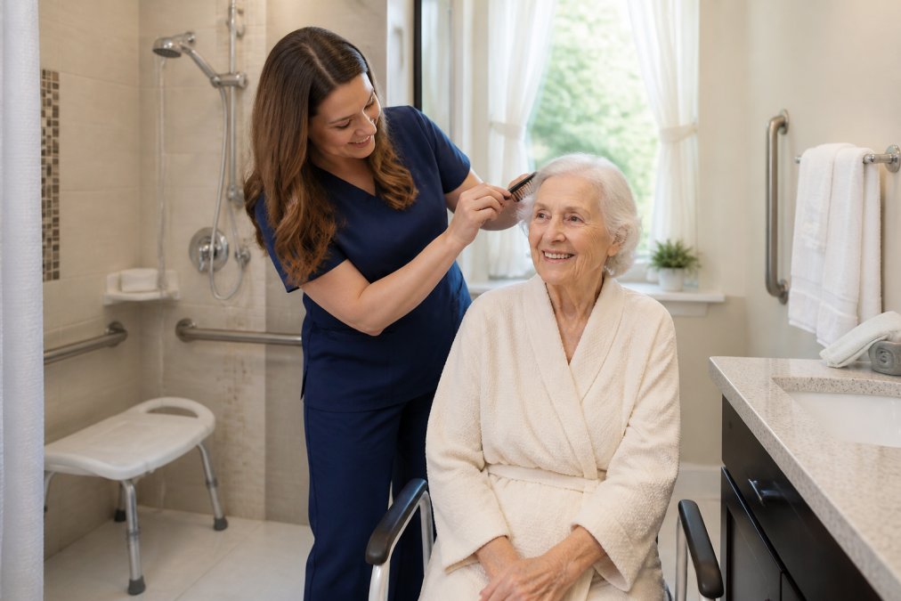 Caregiver assisting an elderly female resident with morning grooming in a bright, accessible bathroom with grab bars, shower seat, and safety railings visible in background