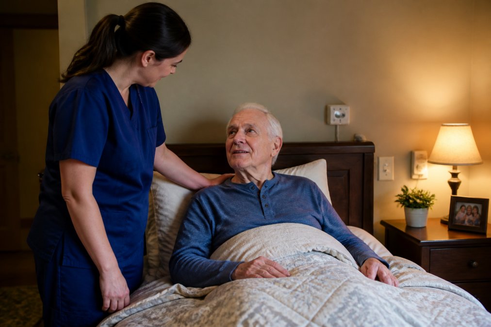 Nursing staff member in scrubs checking on a senior male resident during evening rounds, gently touching his shoulder in a comfortable bedroom with soft lighting and safety features visible