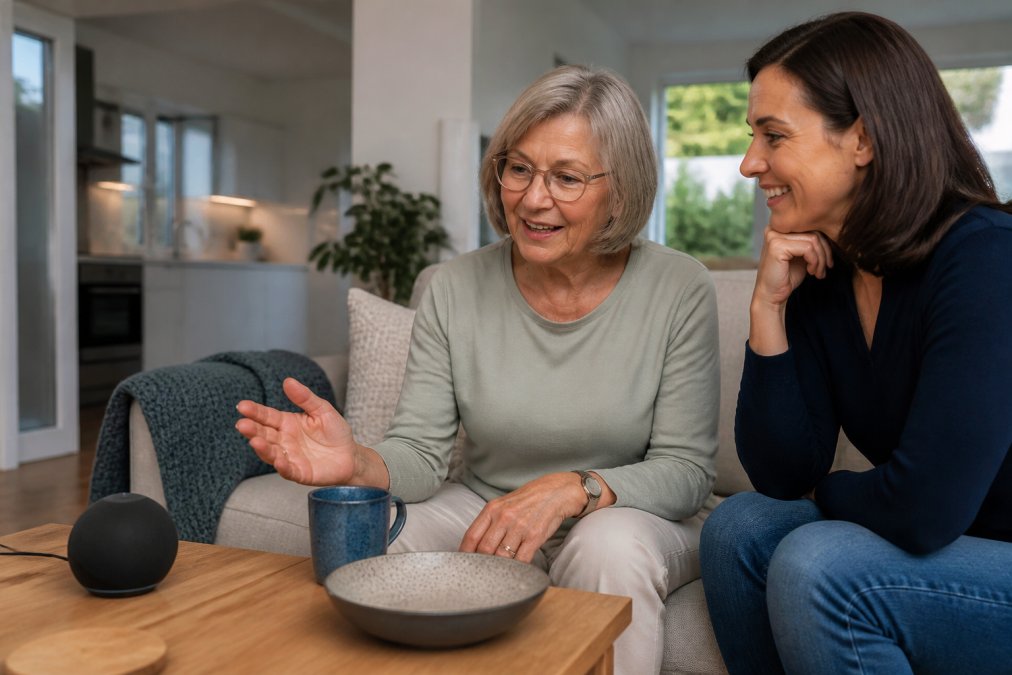Older adult using voice-activated senior living technology with family