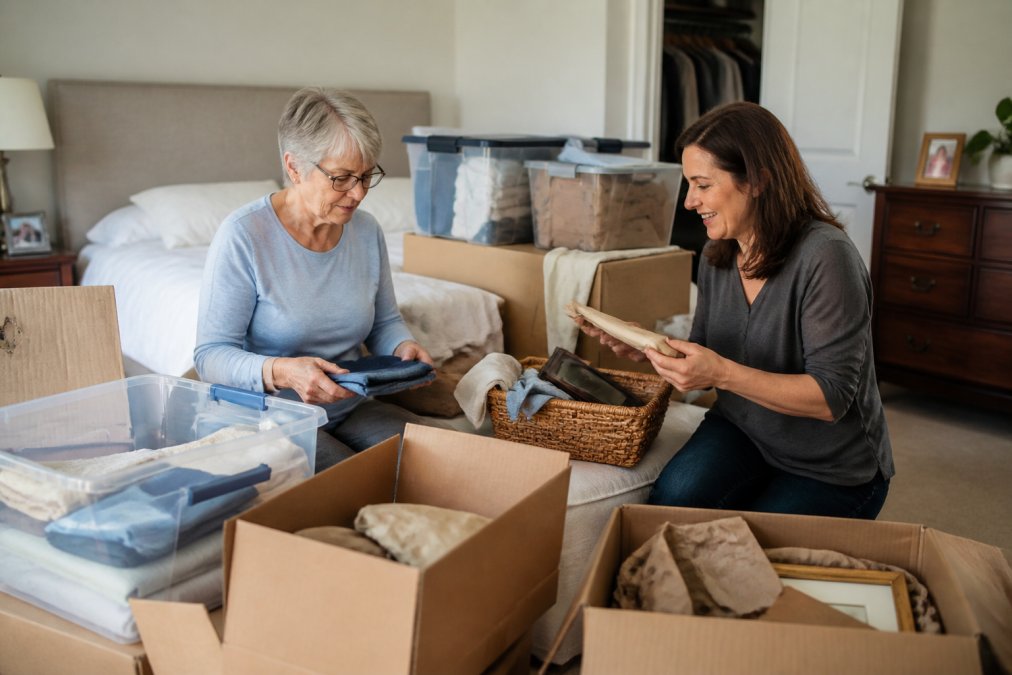 Professional organizer and senior working together in a bedroom, sorting through personal items and belongings into organized piles, with open boxes, labeled storage containers, and a calm, supportive atmosphere