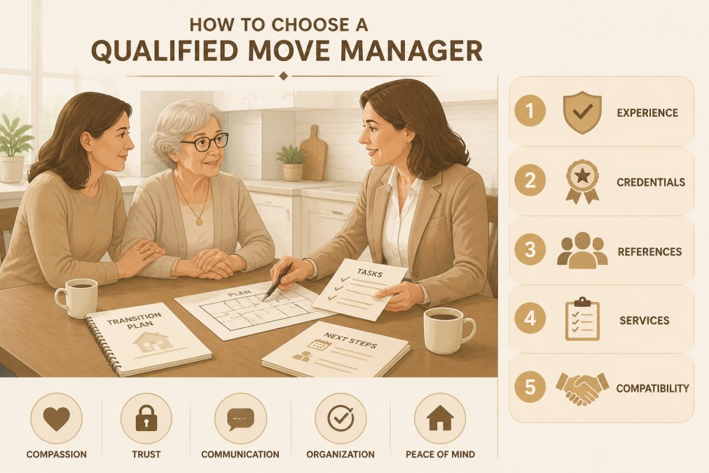 Adult child and elderly parent meeting with a professional move manager at a kitchen table, reviewing documents and transition plans with reassuring body language and compassionate interaction