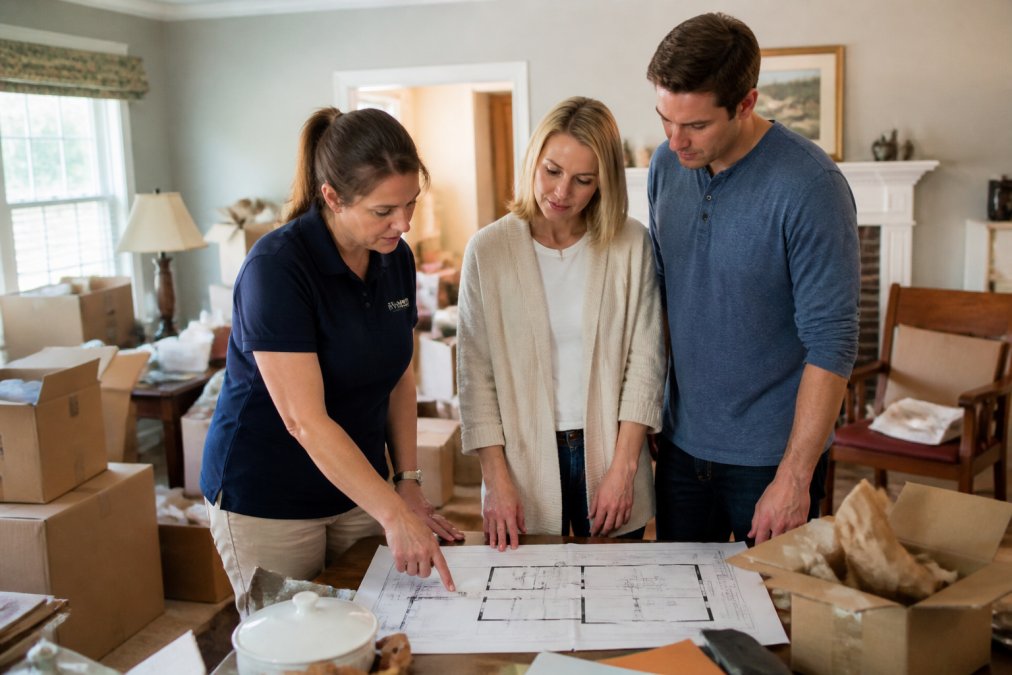 Adult children and a professional move manager reviewing floor plans and discussing relocation logistics while standing in a home surrounded by organized boxes and sorted household items