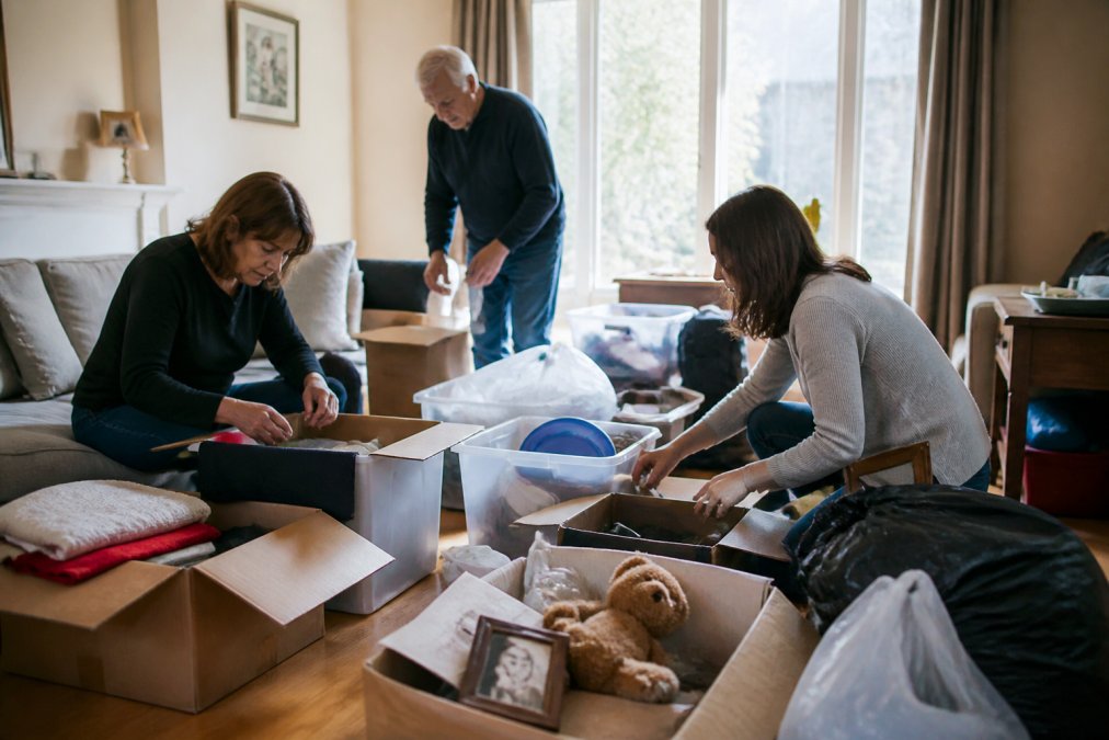 Adult children and a family member sorting through household items and personal belongings in a living room, organizing items into clearly labeled piles for donation, sale, and disposal, with natural daylight from windows