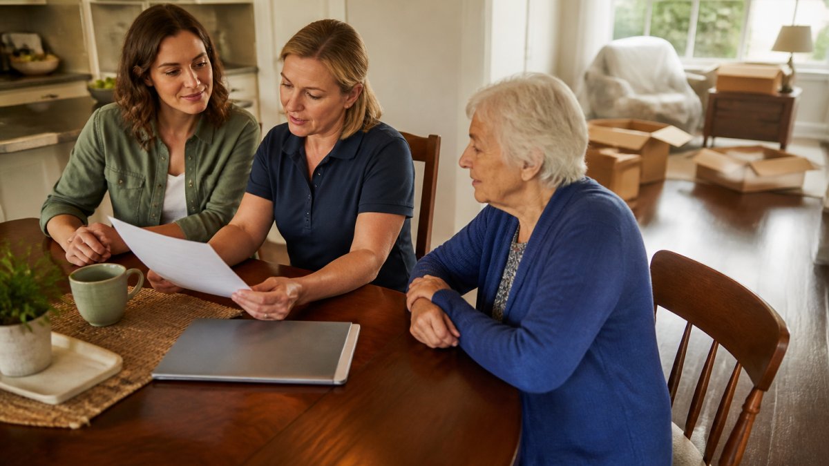 An adult daughter and a professional move coordinator reviewing a printed moving estimate at a kitchen table, with a senior parent seated nearby and a half-packed living room visible in the background, warm afternoon light through the window