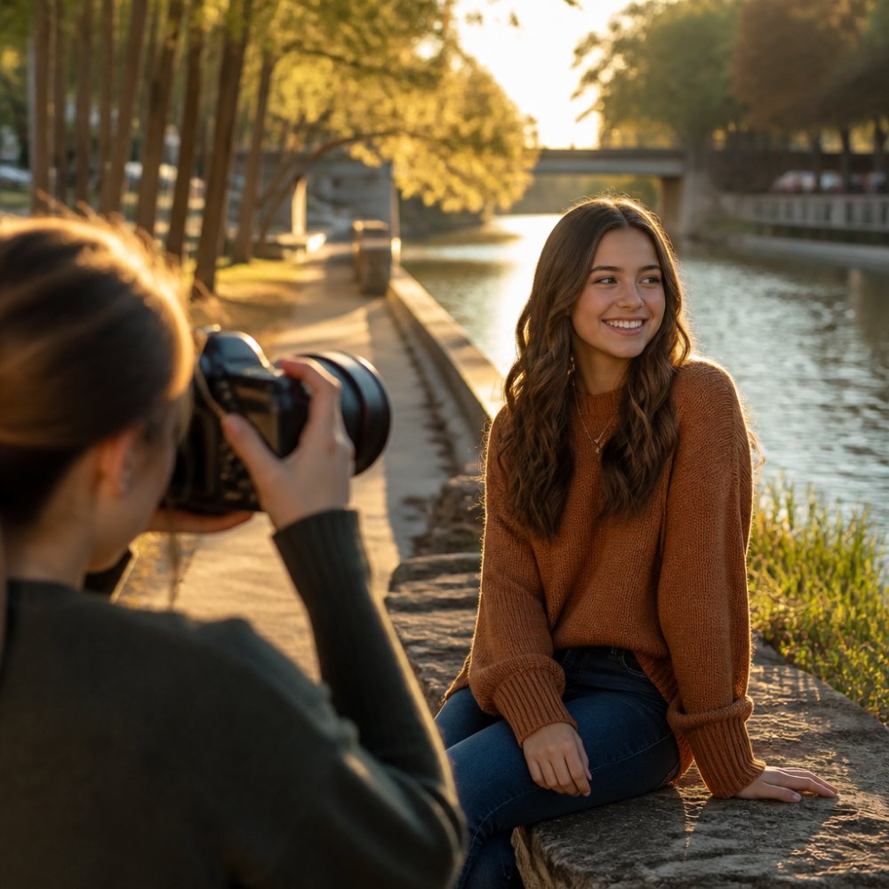 High school senior in casual autumn clothing at a scenic outdoor location like The Woodlands Waterway, smiling naturally during a portrait session with soft natural lighting filtering through trees