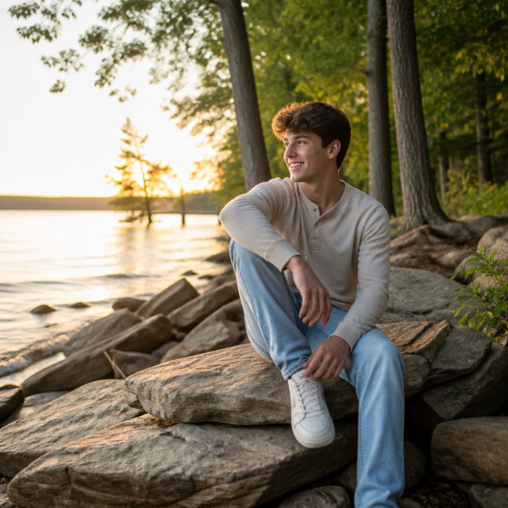 High school senior in stylish outfit posed naturally outdoors at Lake Conroe, soft natural light filtering through trees, genuine relaxed expression showing comfort and personality