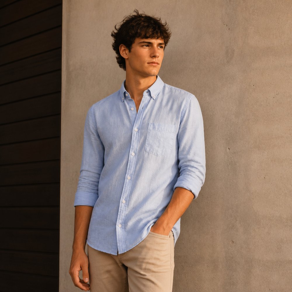High school senior guy in casual button-up shirt standing confidently with one hand in pocket and the other relaxed at his side, shot against neutral background showing natural posture and genuine expression