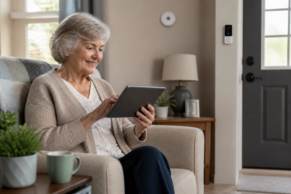 Elderly woman smiling while using a tablet in a living room equipped with smart senior safety monitoring devices.