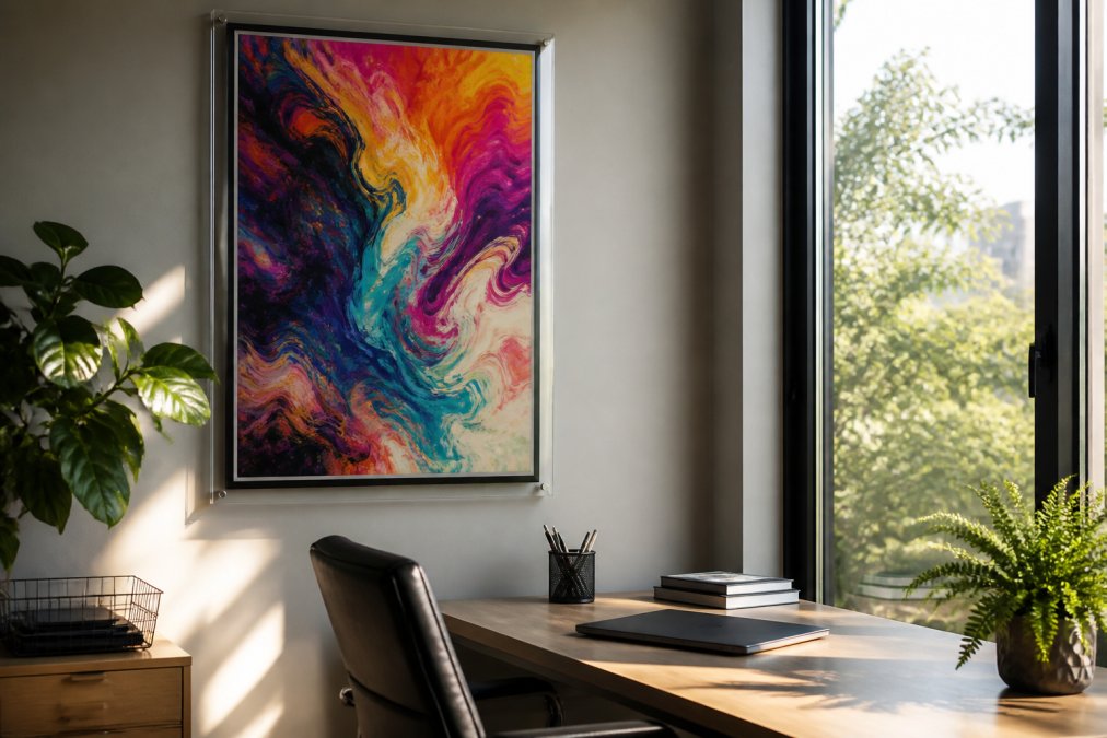 Modern home office wall displaying a framed AI-generated art print with vibrant abstract colors and dimensional acrylic perspex framing, natural daylight streaming through window