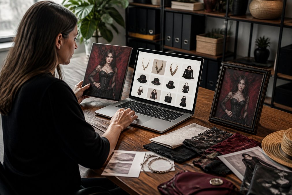 Content creator reviewing wall art samples and product previews on laptop, with printed canvas and framed options visible on desk, natural office lighting