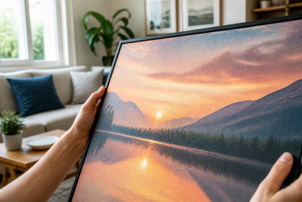Close-up of hands holding a high-quality framed canvas print in a bright living room, showing the texture of the canvas weave and the vibrancy of the printed colors in natural window light