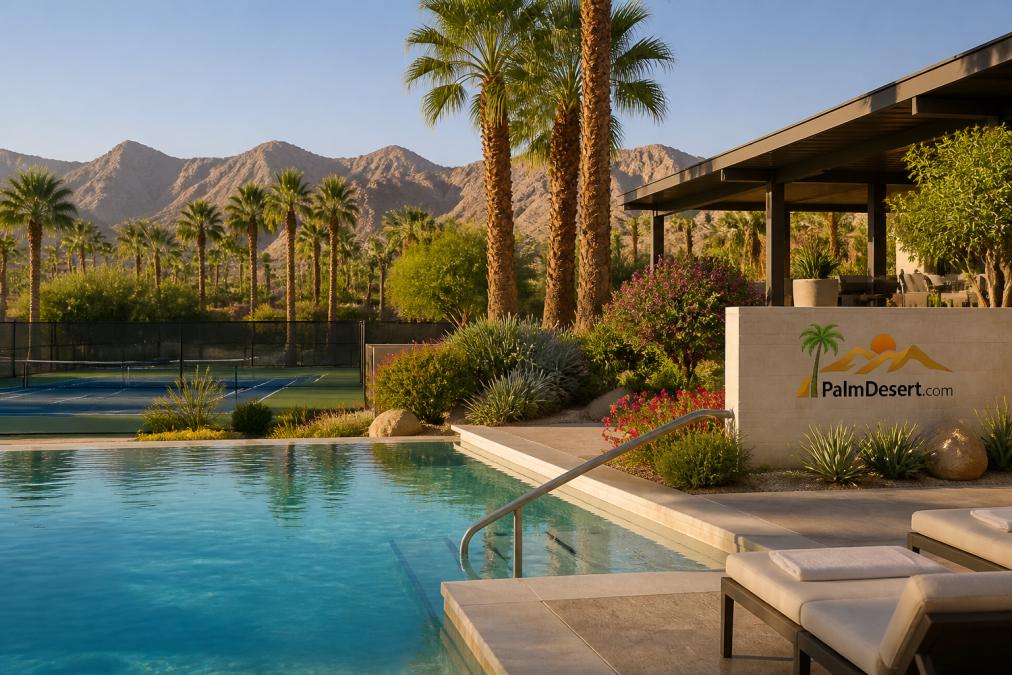 A serene desert oasis scene at a luxury resort, featuring a calm pool with mountain views and manicured palm trees, with a tennis court visible in the distance