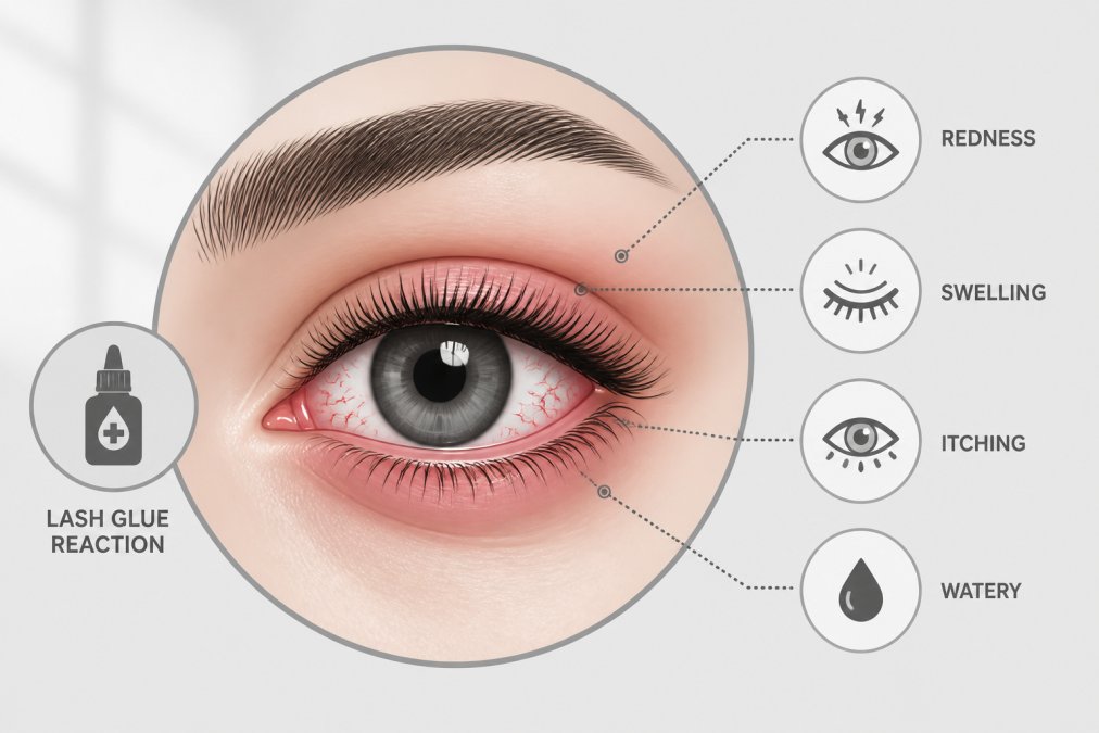 Close-up of a person's eye showing mild redness and slight swelling around the lash line, with natural window lighting highlighting the sensitive area and demonstrating visible irritation