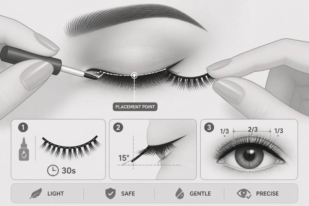 Hands demonstrating precise lash glue application technique, showing a small brush applicator positioning a strip lash at the correct angle along the natural lash line, with clear lighting revealing the exact placement point