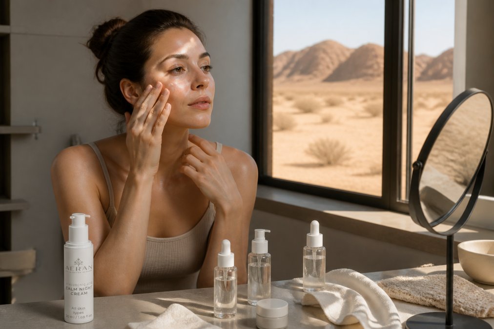 A person in a bright, arid morning environment applying layered skincare products to their face and neck in sequence, showing the application of toner, serum, and moisturizer with visible dry desert landscape through a window behind them