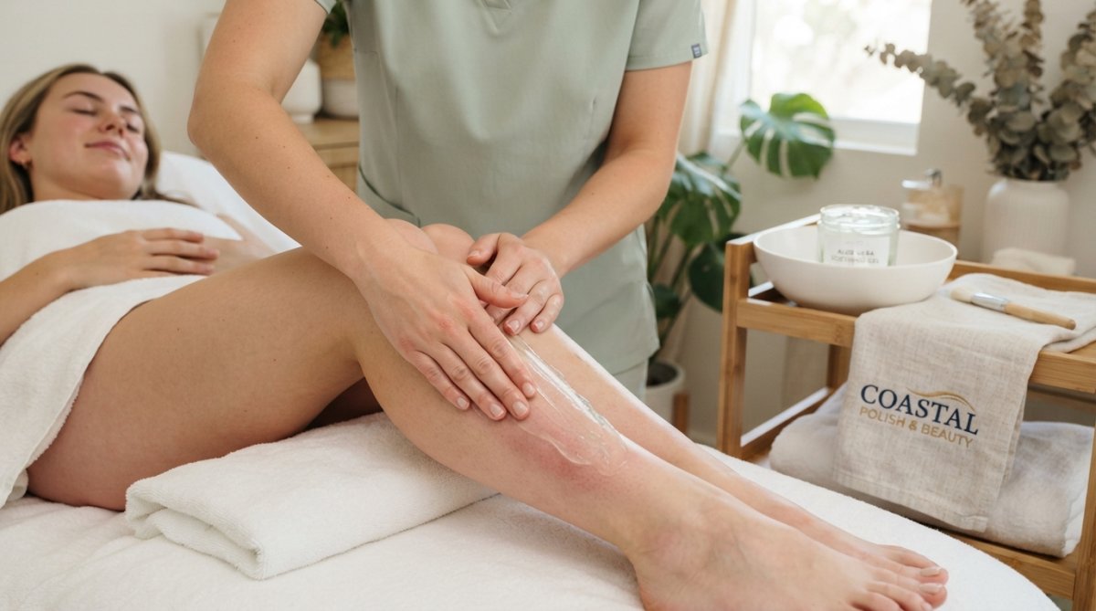 Close-up of hands gently applying a soothing aloe vera gel to sensitive skin immediately after waxing, with soft natural lighting emphasizing the calming care step and the person's relaxed expression