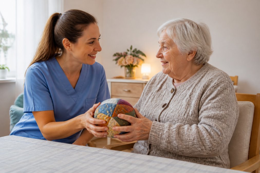 Eine Pflegekraft sitzt neben einer älteren Dame mit Demenz an einem Tisch. Beide halten gemeinsam einen weichen Stoffball. Das Zimmer ist ruhig und warm beleuchtet. Die Pflegekraft schaut die Dame freundlich an, die Dame wirkt entspannt und lächelt leicht.