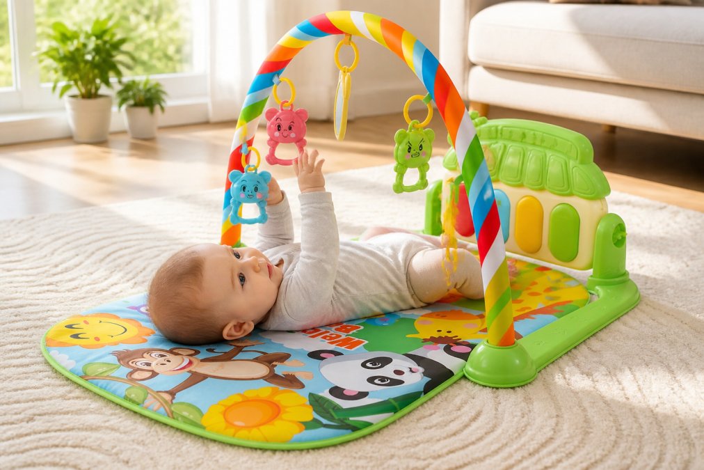 Baby lying on soft play mat reaching for hanging toys with both hands, focused on grasping colourful objects, natural morning light streaming through window