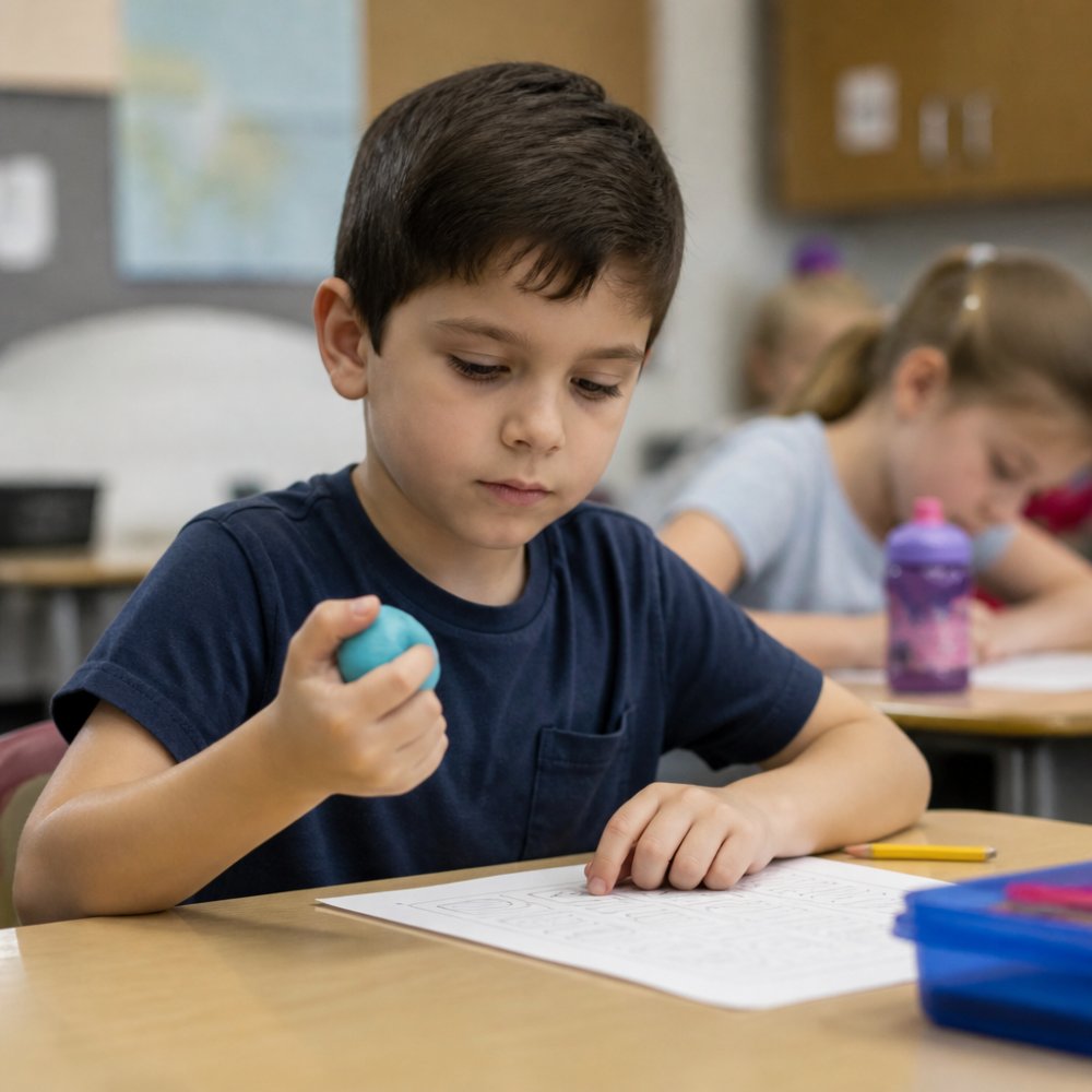 A child sitting at a classroom desk quietly squeezing a small silicone fidget toy in one hand while looking at a worksheet, with a calm and focused expression