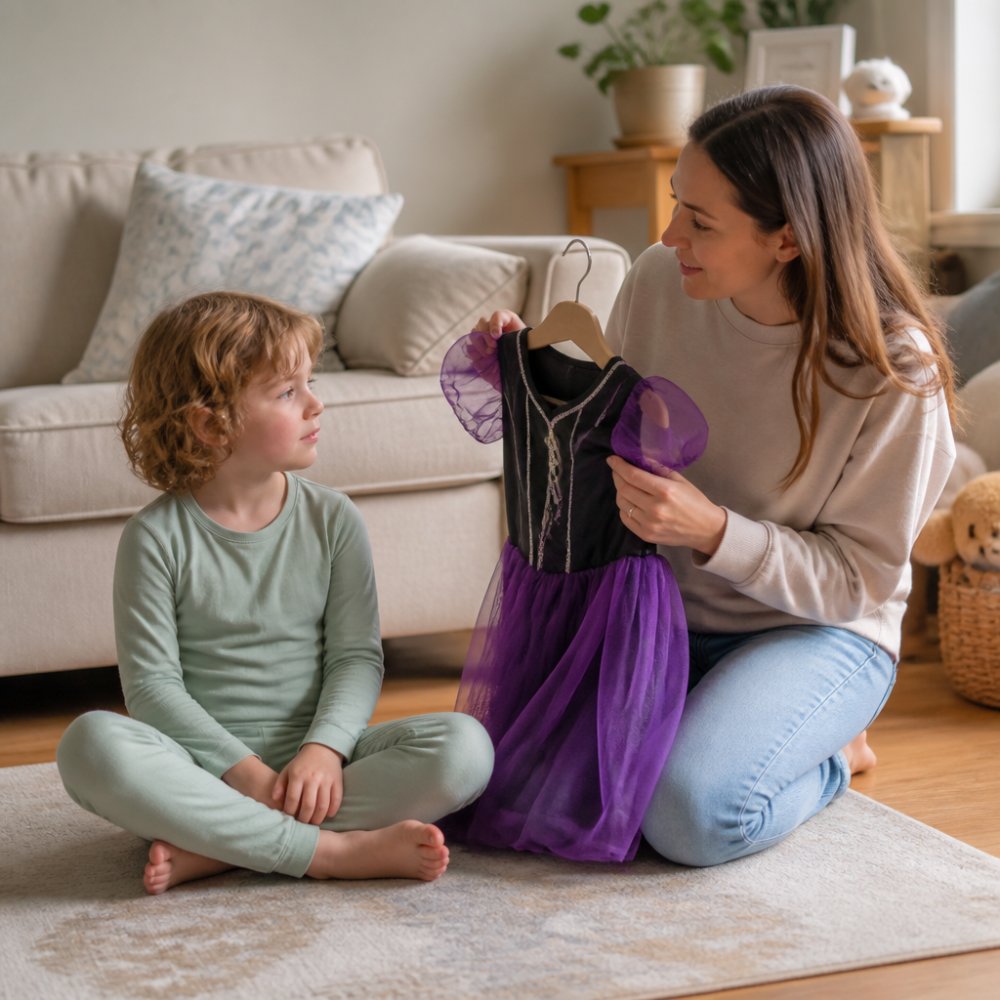 Parent holding a scratchy costume while a child sits calmly in soft fabric