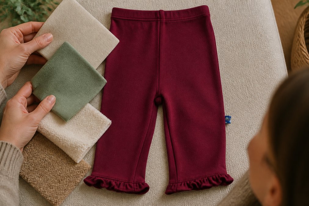 Close-up of hands holding and touching various soft fabric swatches including organic cotton, bamboo, and soft-knit materials to show texture contrast and quality