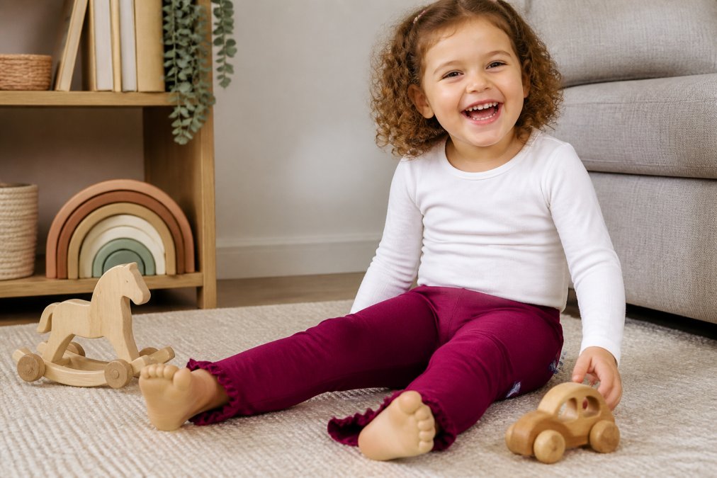 Child wearing comfortable, tagless sensory-friendly clothing while playing and smiling, showing relaxed fit and seamless construction details in natural home lighting