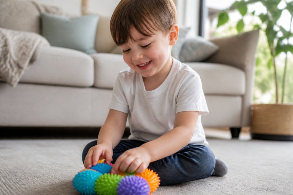 A happy child playing on a floor while wearing a soft, tagless sensory friendly clothing shirt.