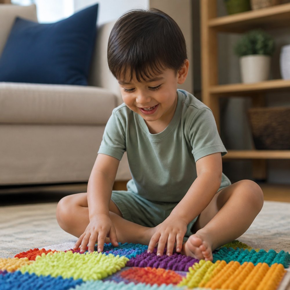 A young child wearing a soft, tagless bamboo shirt, smiling comfortably while playing with a sensory mat on a living room floor, natural light