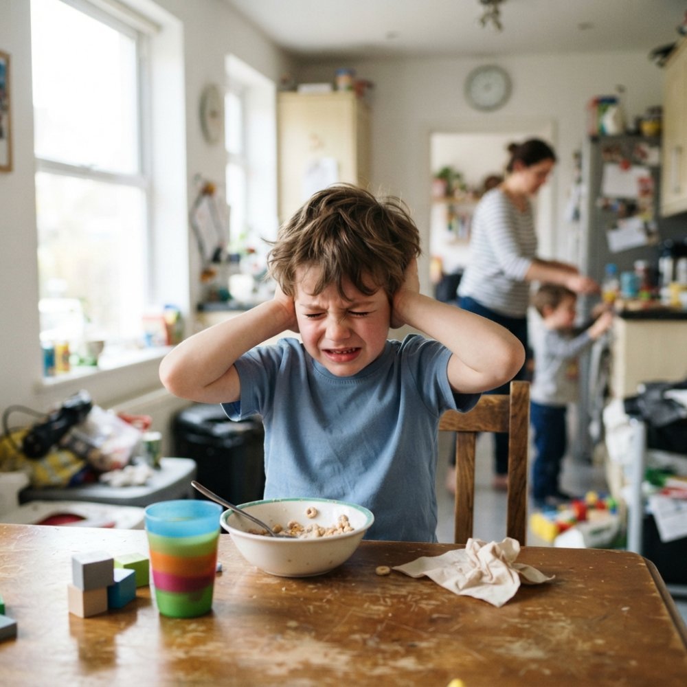 Child at table with hands covering ears, face showing distress from sensory overload, bright indoor lighting creating visible discomfort from visual and auditory stimuli