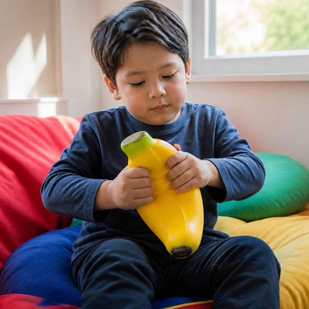 Young child sitting on colorful cushion, hands squeezing large banana squishy toy with focused, calm expression, natural window lighting