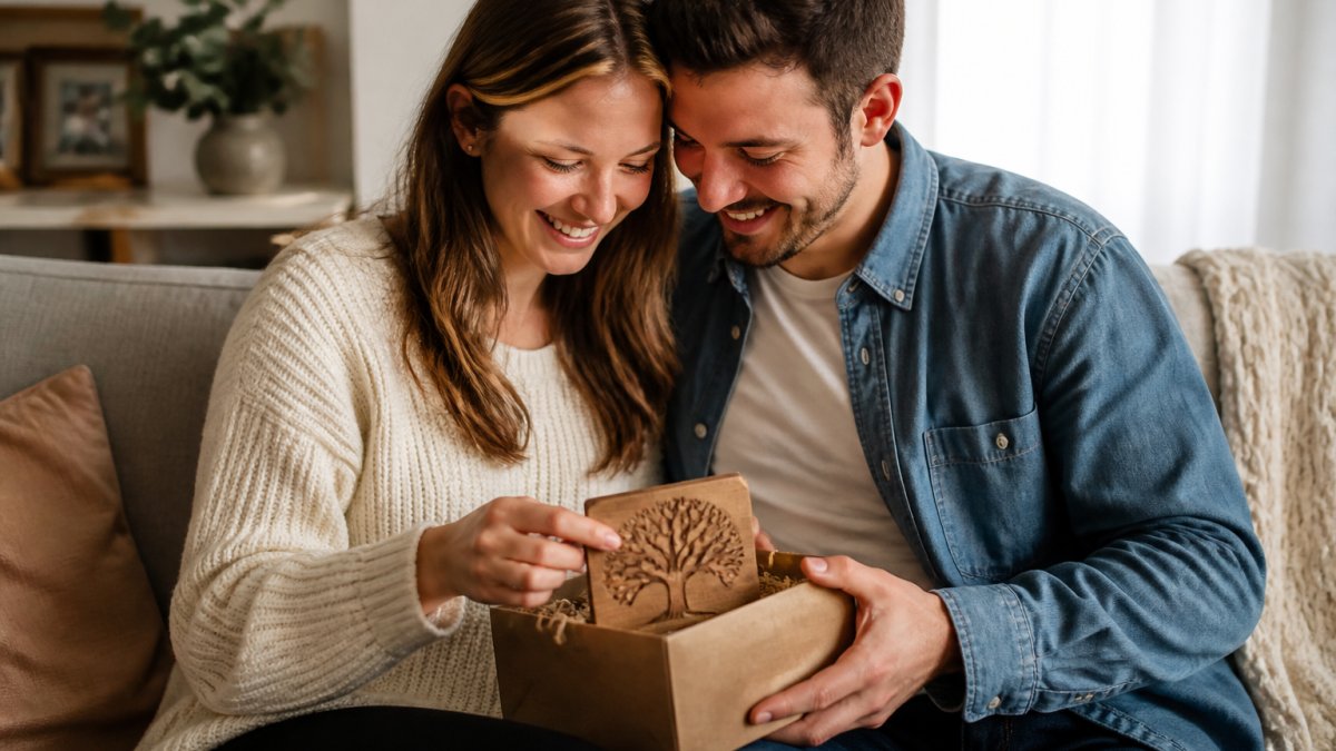 A couple opening a personalized gift box together in warm natural lighting, examining an engraved keepsake with genuine joy and connection visible in their expressions